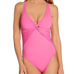NWT Bleu by Rod Beattie 14 Plunge Drape Cross-Back One-Piece Swimsuit Pink Twist